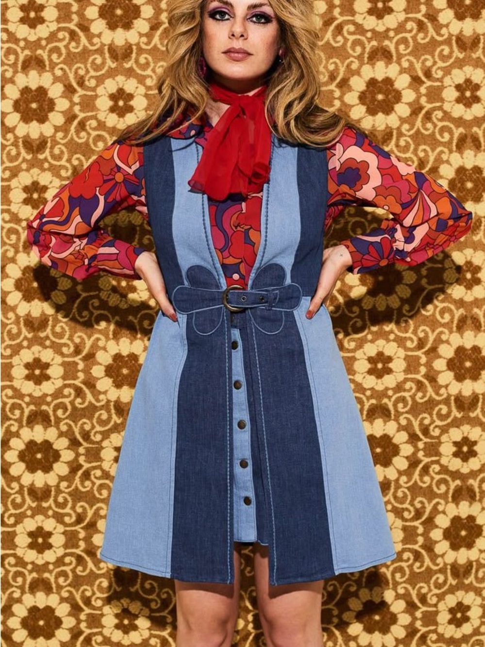Sleeveless Two-Tone Denim Midi Skirt with Belt - Blue - Picture 9 of 9